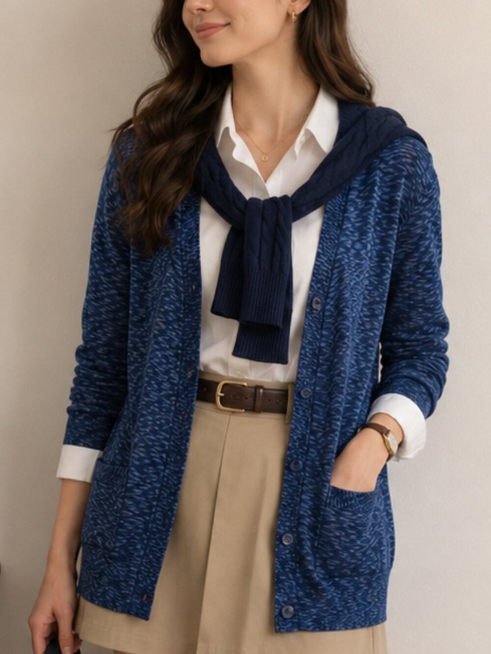 Free People Navy Marled Deep V Long Cardigan